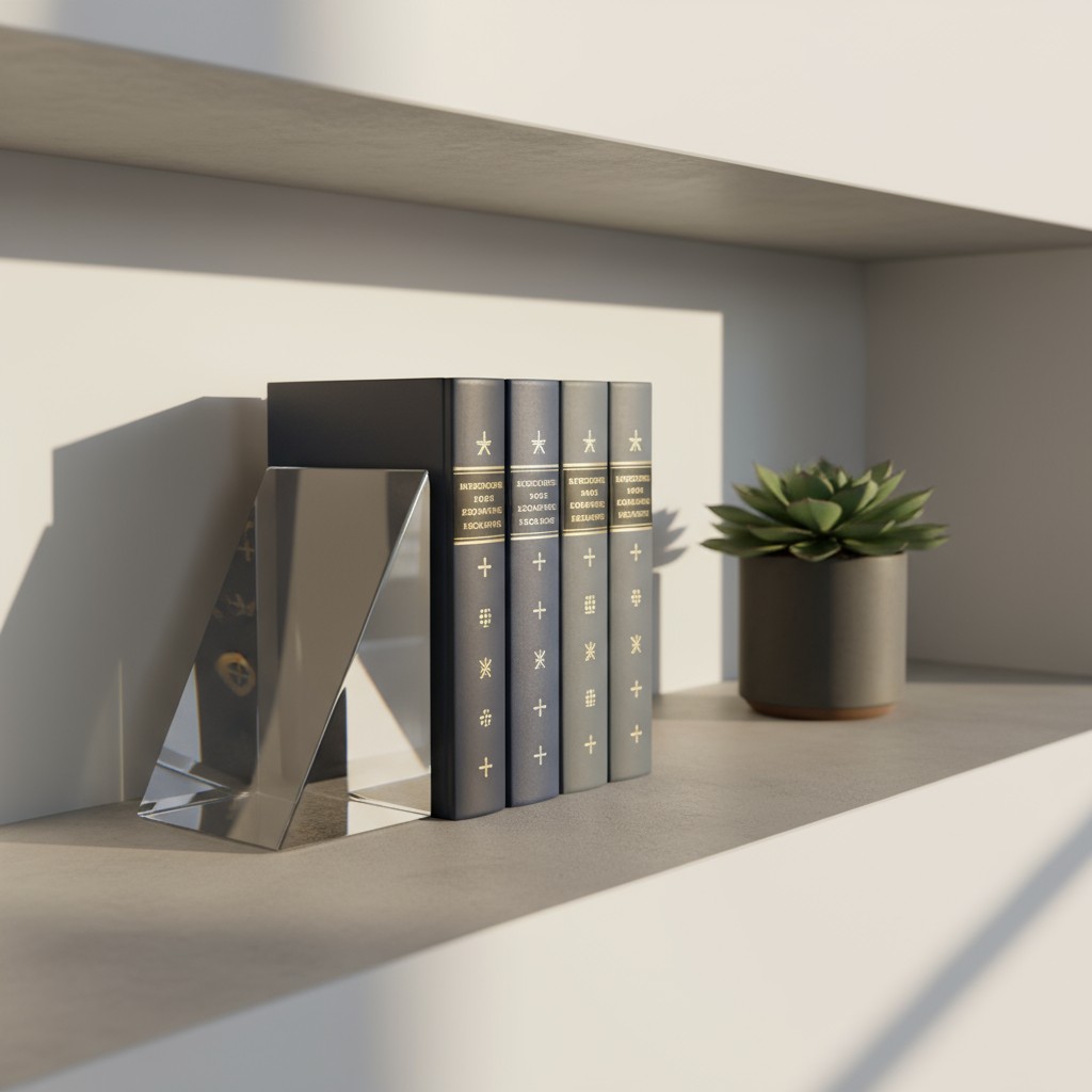 A shelf with various objects arranged on it, including four gray books with stars in white, a silver metal object resembli...